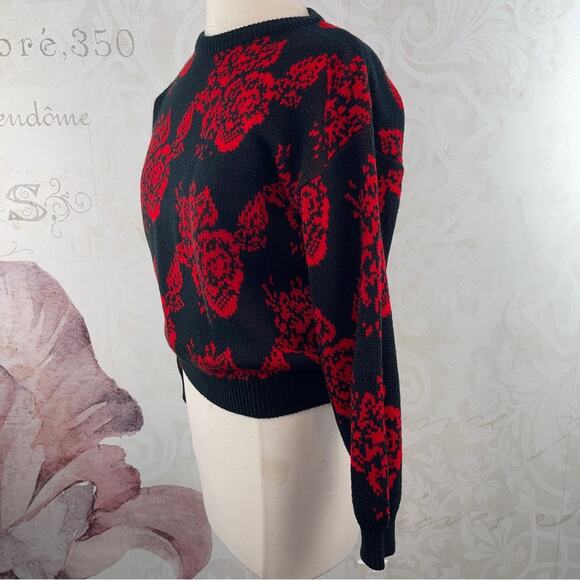 Rainbow Ridge Vintage 80s 90s Sweater Red Black Floral Medium - Picture 3 of 7